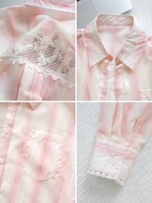 Women's New Korean Slouchy Long Sleeve Playful Casual Color Patchwork Shirt, Lace Girl's College Style Striped Coat With Pocket Sunscreen Cardigan, Daily Wear, Go Out, Home, Dating, Travel Vacation - Pink - View 8