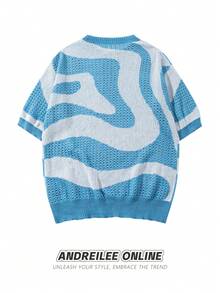 ANDREILEE Casual Loose Asymmetrical Color Block Round Neck Short Sleeve Top, Street Style For Men, Spring/Summer - Blue - View 2