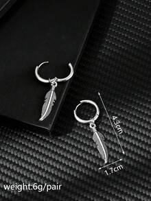 1 Pair Stainless Steel Feather Pendant Hoop Earrings For Men, Fashionable & Versatile - Feather - View 6