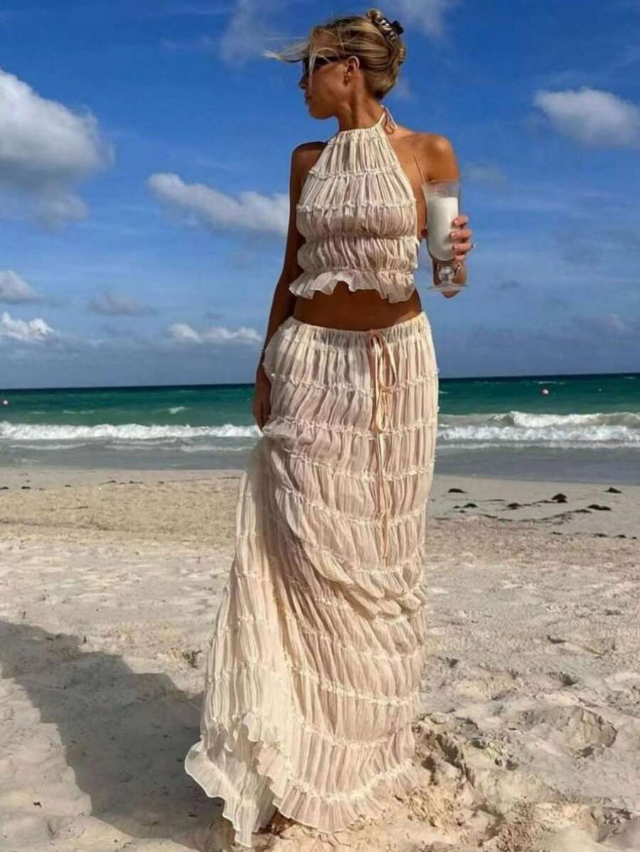 Women's Solid Color Sexy Backless Halter Neck Pleated Lace Trim Transparent Dress & Tank Top Set,Semi-Sheer - Beige - View 1