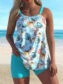 Ladies' Plus Size Beach Vacation Style Printed Split Fashion Swimsuit Set - 彩色 - 查看 1