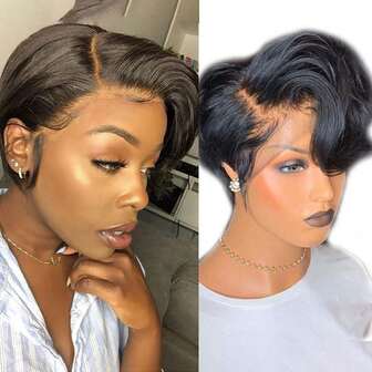 Pixie Straight Lace Wig Preplucked Human Hair Wigs Short With Baby Hair Bob 13*4 Wigs Glueless Short Wig Curly Brazilian Remy Hair 8 Inches Short Pixie Cut Bob Wig Straight Human Hair 150% Density Glueless Lace Frontal Wig For Pre Plucked With Babyhair Natural Hairline