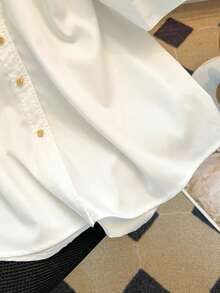 女士休闲简约金属复古纽扣商务优雅衬衫白色夏季短袖上衣 - 白色 - 查看 3