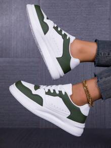 scarpi sportivi casual da donna adatte per tutte le stagioni, di colore rosso, giallo e verde, antiscivolo, leggere, con suola platform, con punta tonda e lacci
