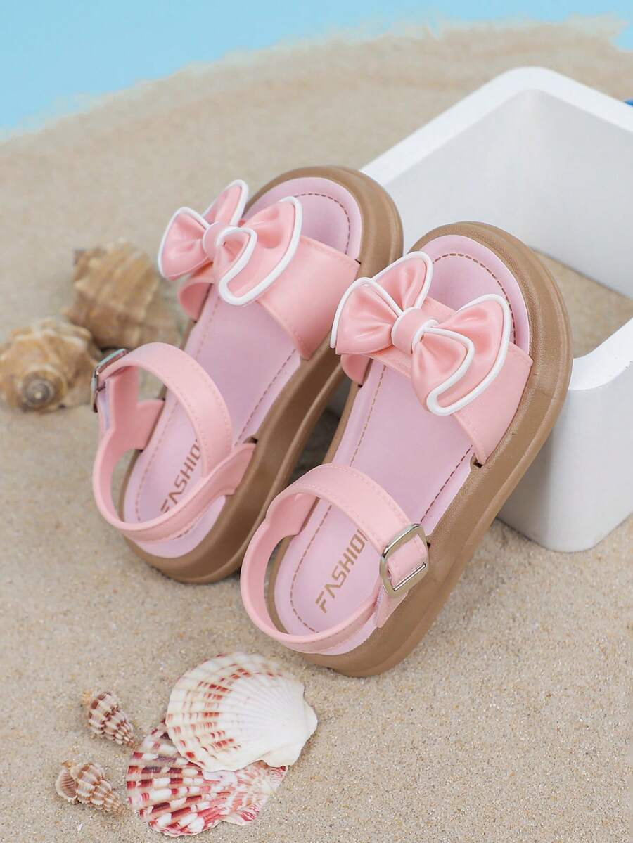 1 par de sandalias planas de unicolor para niñas con diseño de lazo y cierre de , adecuadas para el verano - Rosa - Ver 1