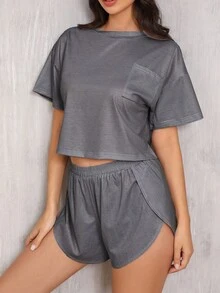 2 pezzi Tuta donna casual a righe, composta da top a maniche corte scollo a V e shorts, pigiama casual - nero - Visualizzare 5