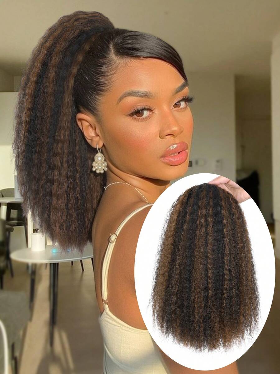 16 Inch Curly Yaki Ponytail Extension, Water Wave Drawstring Ponytail, Suitable For Natural Black Drawstring Ponytail, Synthetic African Straight Ponytail, Thanksgiving Gift (1B#), Suitable For Daily, Party, Halloween, Cosplay
