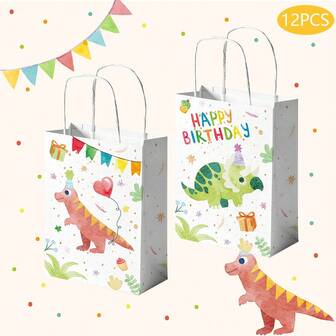 6/12 件 - 可重复使用的可爱小恐龙礼品袋，带手柄，中号生日派对礼品袋，8.6x6x2.8 英寸，适合礼物、节日礼物、情人节、母亲节、毕业典礼
