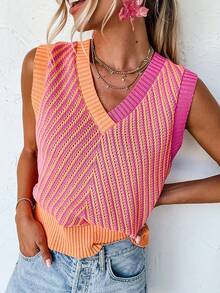 Acelitt Áo vest dệt kim không tay cổ chữ V phối sọc nhiều màu, kiểu dáng thường ngày, thích hợp cho kỳ nghỉ hè. - Nhiều màu - Xem 1