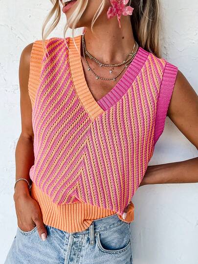 Acelitt Multicolor Striped Contrast Casual Knit V-Neck Sleeveless Knitted Vest, Summer Vacation