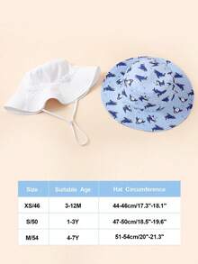 2pcs Kids White & Shark Print Summer Beach Sun Hat With Chin Strap, Sun Ion - White + Shark - View 6