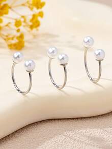 3pcs/Set Elegant Faux Pearl Women's Open Ring Set - Multicolor - View 3