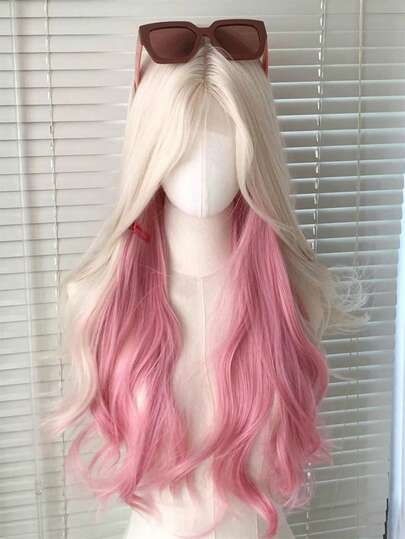 Peruca sintética longa, cacheada, ondulada, loira rosa, com mechas, renda frontal e franja fofa, adequada para uso diário feminino. Peruca sintética longa, ombré loira rosa, ondulada, para mulheres, 26 polegadas, parte central, cacheada, aparência natural, fibra resistente ao calor para uso diário.