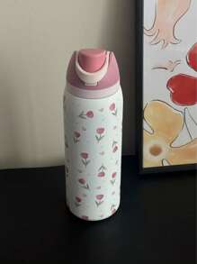 1pc Pink Tulip Pattern 24oz-32oz-40oz Double Wall Stainless Steel Vacuum Insulated Sports Water Bottle, Tumbler With Straw, Suitable For Sports, School, Travel, Gym, Gift For Holidays, Birthday