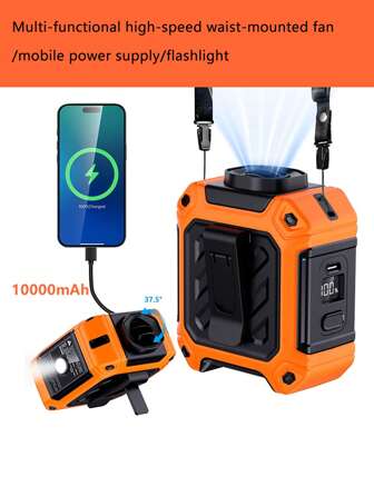 三合一升级版 10000mAh 持久户外便携式腰扇，带 LED 手电筒的移动电源，可穿戴颈部和腰部设计，包括挂绳、夹式无叶腰扇、USB 充电和移动电源