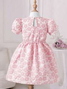 少女提花蝴蝶结泡泡袖连衣裙，清新田园风，短袖，柔软亲肤面料适合日常外出、下午茶约会、度假拍照，适合4-7岁女孩，春夏