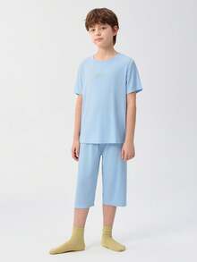 Balabala Kids' Bamboo Fiber Pajama Set, Soft & Breathable Loungewear - 藍色調 - 查看 3