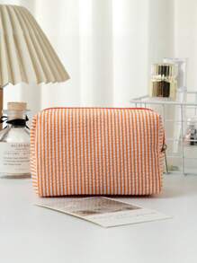 1 pieza de bolsa de maquillaje de seersucker, una bolsa de tocador de gran capacidad para llevar en la mano, bolsa de almacenamiento de cosméticos de viaje con bordado a rayas, esencial de viaje para vacaciones, verano, vuelta al colegio, bolsa escolar, bolsa de viaje para mujeres, bolsa de maquillaje para viajes