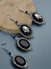 1 par de pendientes colgantes vintage estilo gótico con cabujón de cristal en relieve negro, pendientes con gota de calavera de bruja de Halloween, joyería de estilo victoriano de moda como regalo para mujeres y niñas