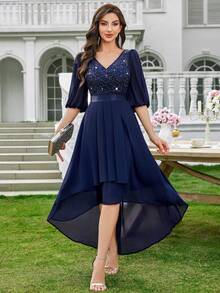 MIUSOL V 领亮片蕾丝泡泡袖高低下摆晚会长裙婚礼宾客礼服舞会礼服 - 藏蓝色 - 查看 2