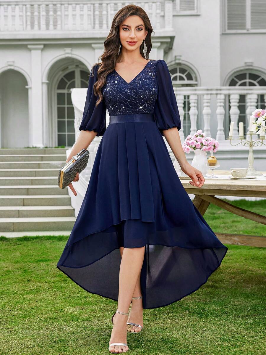 MIUSOL V 领亮片蕾丝泡泡袖高低下摆晚会长裙婚礼宾客礼服舞会礼服