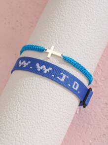 2pcs/Set Minimalist Stainless Steel Cross Bracelets & Wwjd Letter What Would Jesus Do Christian Jewelry Jacquard Knit Wristband Bracelet Set For Women For Party Jewelry