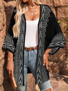 Große Größen Damen Geometrisch bedruckter Fledermausärmel lockere Strickjacke für den Urlaub