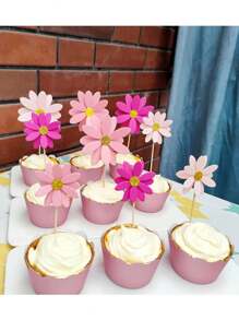 24 PIÈCES Décorations de gâteau en forme de Marguerite rose, fleur Toppers de gâteau, Cure-dents picks pour fête, décoration de baptême, baby shower, anniversaire, Noël
