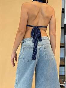 Women Halter Neck Backless Cami Tops With Scarf Dot/Leopard Print Sleeveless Open Back Tie-Up Crop Shirts - Blue - View 4