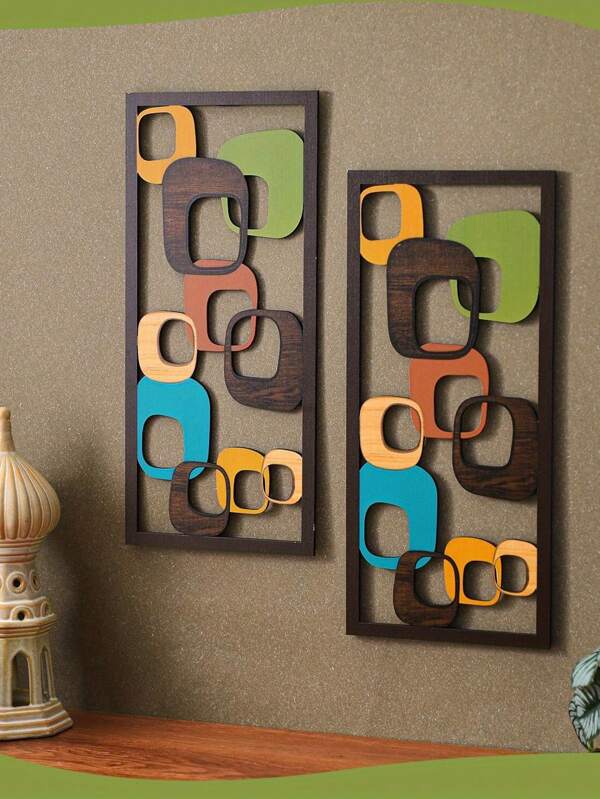 2 Stücke mittelalterliche moderne Holz Wandkunst - abstrakte geometrische Paneele in Grün, Orange, Blau und Braun, geeignet für Wohnzimmer Dekoration, eleganter Wandakzent für Innenräume, perfekt für Zuhause oder Büro, strukturierte Holz Oberfläche Innen Wanddekoration
