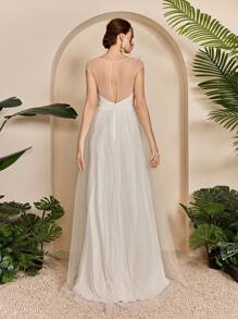 Sweetheart Neckline Shoulder Embroidery Bust Ruffle Polka Dot Mesh A-Line Wedding Dress Gown