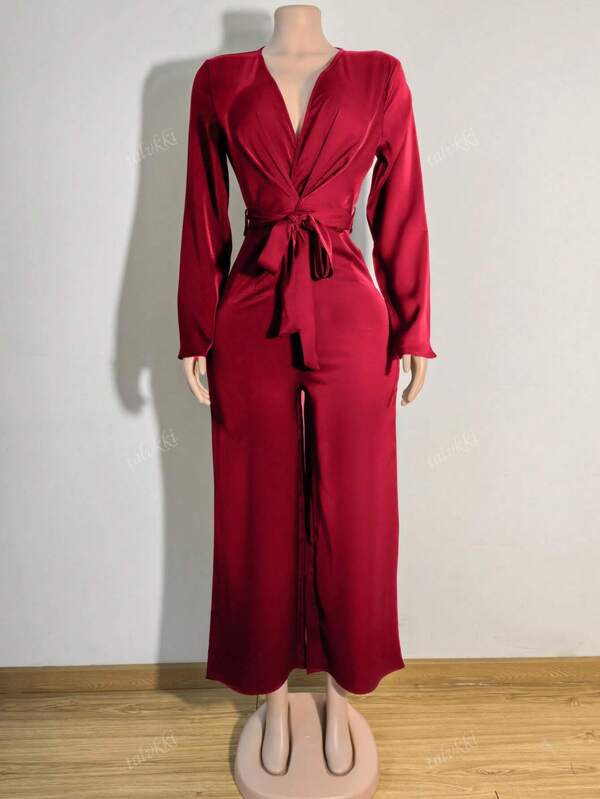Valentine's Day, Christmas, New Year, Birthday Party Women Solid Color Crossover Wrap Twist Belted Elegant Long Sleeve Jumpsuit