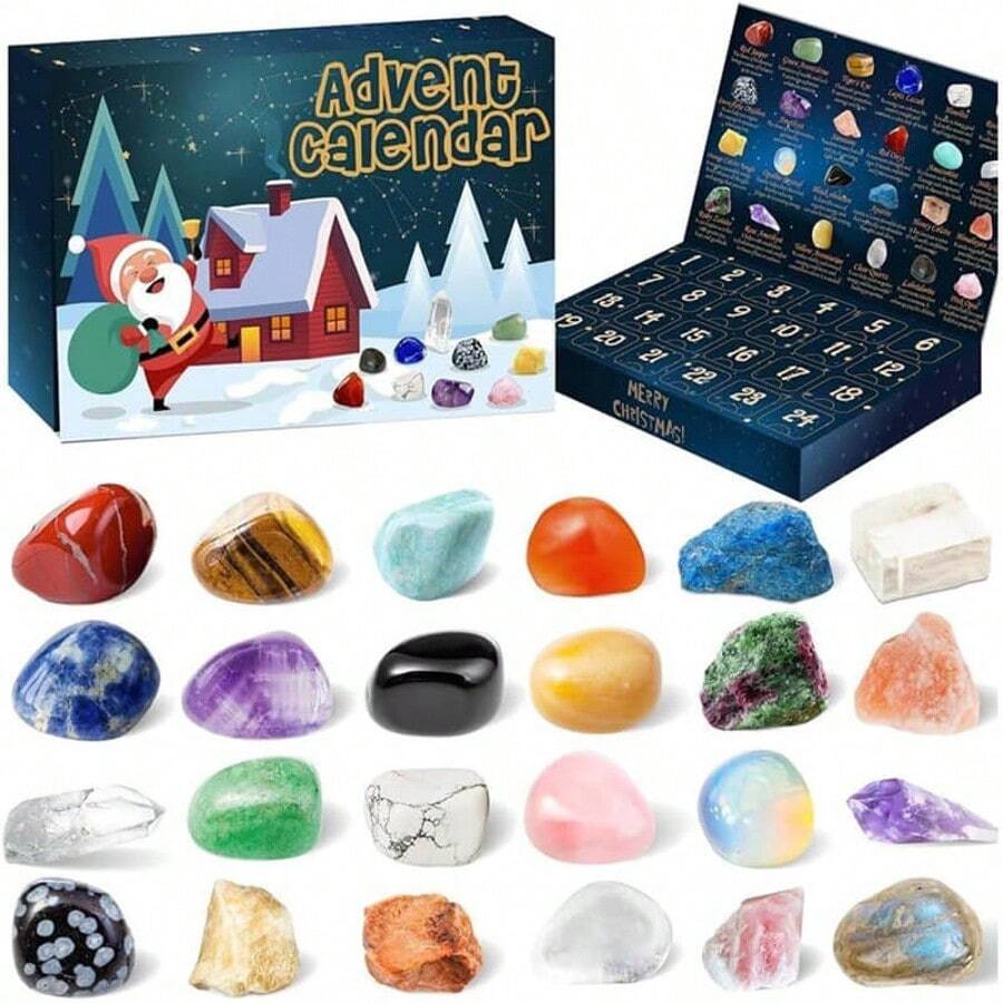 "Ready To Ship" Advent Calendar Christmas Jewel 24 Days Countdown Calendar Mineral Fluorite Jewel Natural Stone Crystal Stone Mineral Collection Box Christmas Crystal Boy Girl