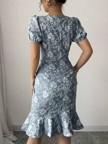 2025 Spring Summer Women's Summer Elegant Jacquard Texture Solid Color Round Neck Ruffled Skirt Puffy Sleeve Mid-Length Dress