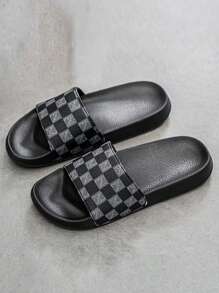 Men's Shoes, Men's Checkered Home Casual Slippers, Breathable And Durable, Suitable For Bathrooms, Beaches, And Home Wear
