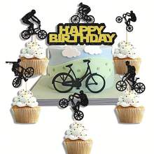 21 piezas Decoración de pastel, toppers de cupcake con bicicleta, bicicleta con brillo, decoración de pastel con bicicleta para fiesta con tema de bicicleta, decoración de fiesta deportiva, suministros de decoración de pastel de cumpleaños - Multicolor - Ver 2