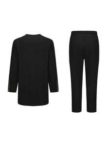 Traje tradicional para hombre, conjunto de 2 piezas con chaqueta de manga larga bordada de estilo africano y pantalones casuales para fiesta festiva - Negro - Ver 5