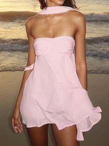 Women Summer Mini Bandeau Dress Off Shoulder Solid Color Tube Top Dress With A Scarf - Pink - View 2