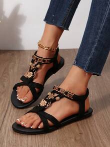 女士碎花平底凉鞋，波西米亚风露趾松紧带夏季凉鞋，休闲沙滩凉鞋 - 黑色[絨布] - 查看 3