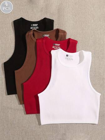 4 件女式多色无缝条纹短款上衣，圆领无袖休闲吸湿排汗运动背心，女士服装