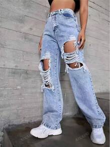[Knee Ripped] High Waisted Wide Leg Jeans For Women, 2025 All Season, Floor Length Straight Leg Pants To Elongate Legs, Vintage Street Style Versatile Jeans