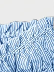 Internet Celebrity Spring And Summer Blue Striped Ruffle Bandeau Dress - Vacation Beach Mini Dress, Front Tie - Blue - View 4