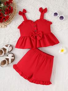 Set de 2 buc. de vară pentru fete, drăguț, cu dantelă florală, cu bretele și fundă, și pantaloni scurți din dantelă de culoare solidă, ținută casual de vară pentru fete tinere și dulci