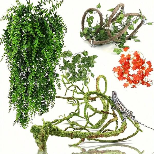5pcs Artificial Vine Plants For Terrarium Decor, Flexible Jungle Climbing Branches With Leaves, Suitable For Snake, Bearded Dragon, Gecko, Crab-Tailed Lizard, Chameleon Aquarium Decoration