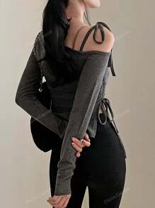 Side Tie-Up Cutout Off Shoulder Fitted Long Sleeve Top
