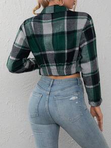 Chaqueta corta casual de mujer con bolsillo con solapa a cuadros, otoño