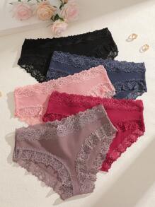 Set de 5 bragas de ropa interior femenina con encaje y diseño minimalista, de bajo corte, respirables y cómodas con estilo romántico francés