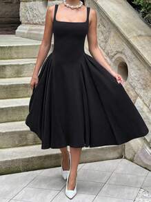 WOWDARK Damen Herbst einfaches einfarbiges Quadratausschnitt A-Linie Slip Kleid