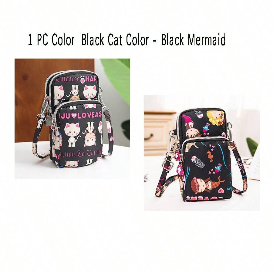 1 PC New Nylon Cell Phone Bag Cartoon Black Bottom Coin Bag Triple Crossbody Bag Hanging Neck Sports Running Arm Bag For Women Wallet Purse Wallet Wallet - Multicolor - View 1