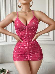 Women's V-Neck Bowknot Cherry Love Digital Printing,Ruffle Hem Bodycon Slip Dress,Sheer Sleep Skirt,Backless Babydoll,Summer Short Dress,Romantic Date,Mesh Cami Mini Dress,Sexy Lingerie Dress, Vacation
